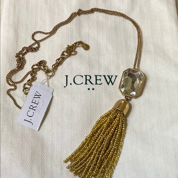 J. Crew Crystal & Gold Beaded Tassel Necklace NWT! - Picture 2 of 4